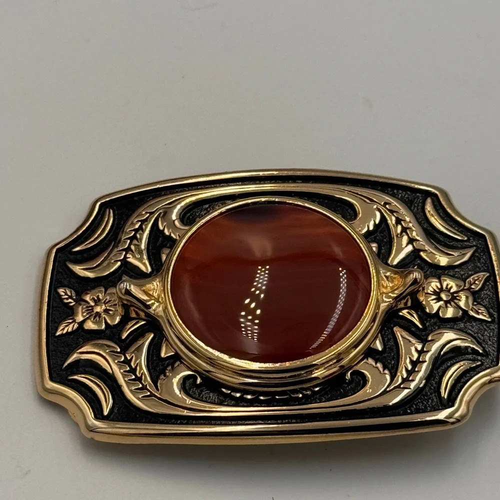 Vintage Western Belt Buckle Gold Tone Faux Carnelian Agate Floral Made in USA